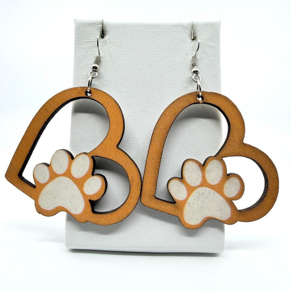 Vintage Boho Laser Cut Wood Heart Paw Print Dangle Earrings Pet Lover Gift Cute